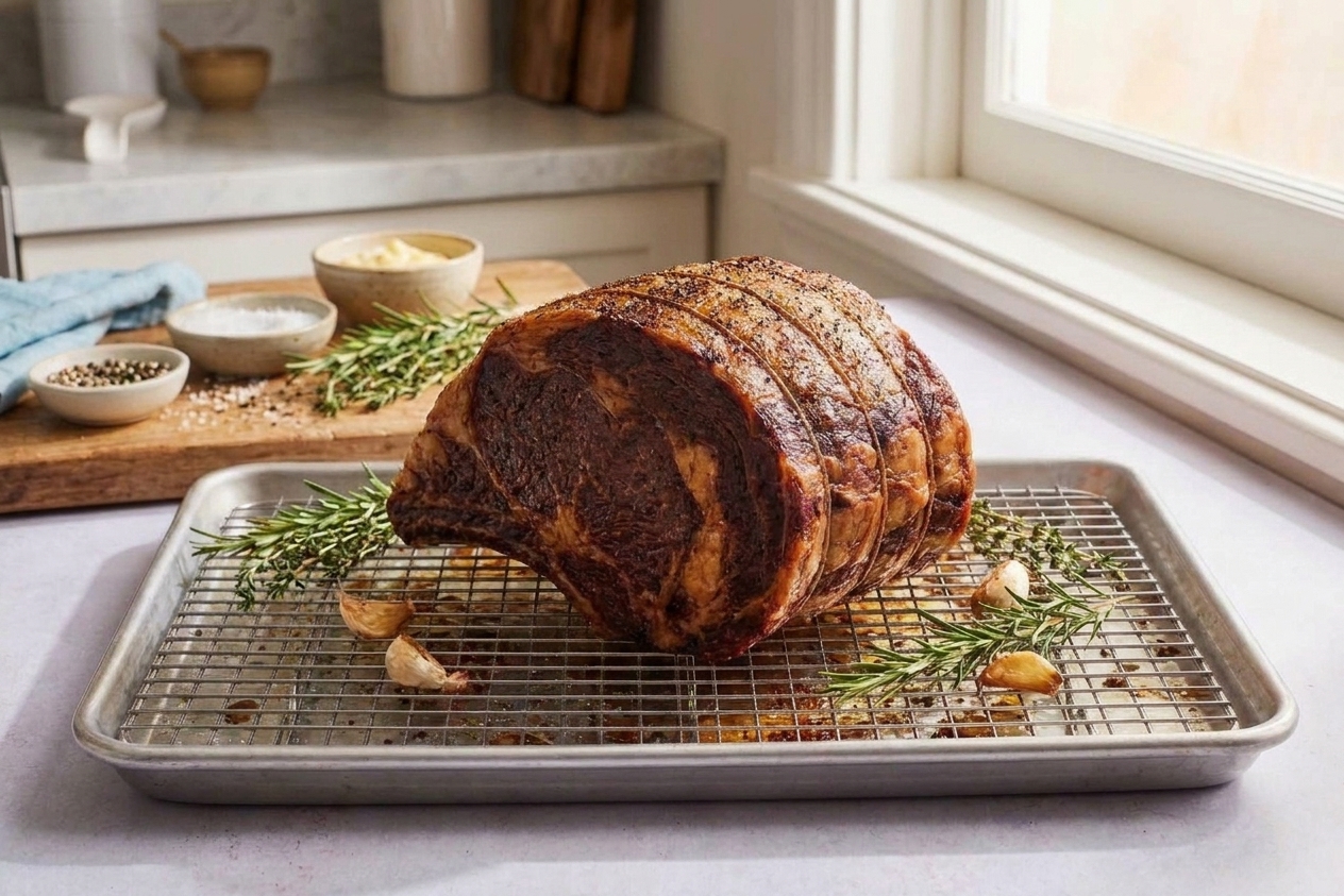 A ribeye roast with a dark golden crust on a roasting rack, with browned bits in the pan and herbs scattered around