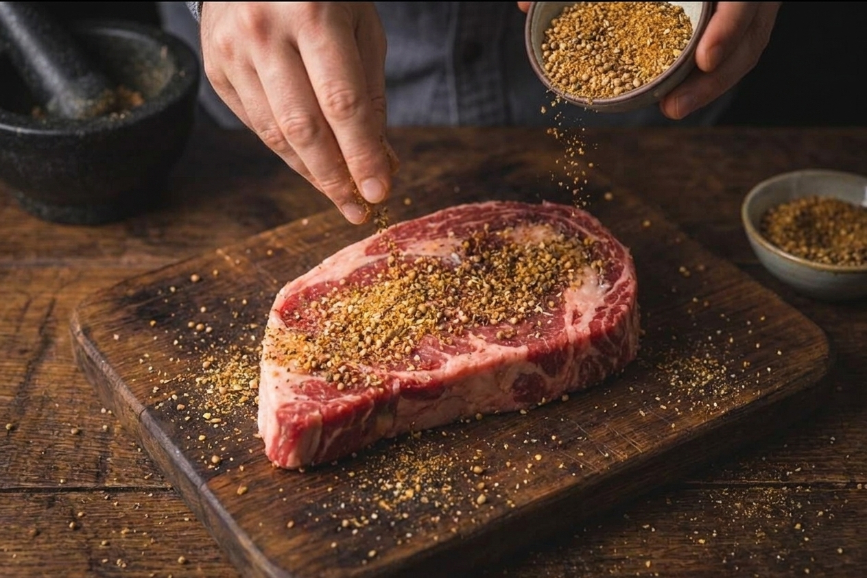 A ribeye steak on a cutting board being seasoned generously with coarse Montreal steak seasoning