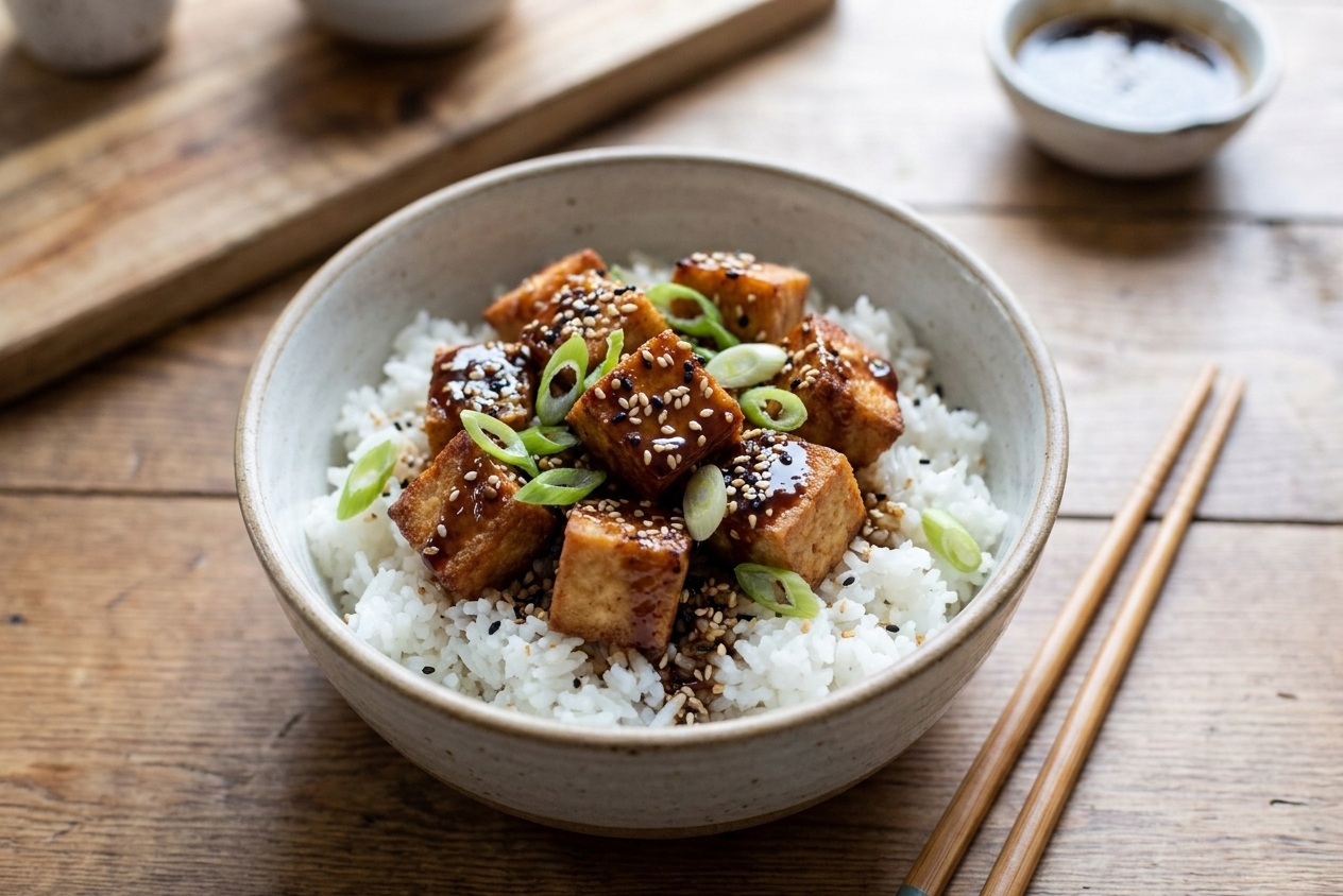 A rice bowl topped with crispy baked sesame tofu, sliced scallions, and sesame seeds on a wooden table with chopsticks nearby