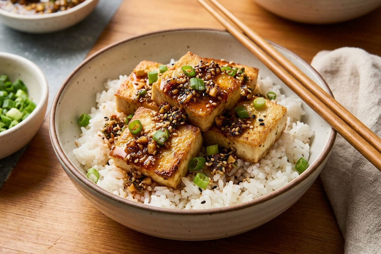 A rice bowl topped with crispy-edged silken tofu, chili crisp, scallions, and sesame seeds on a warm-lit wooden table with chopsticks