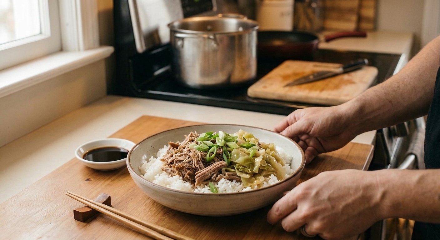 A rice bowl topped with shredded kalua pork, tender cabbage, and sliced green onions on a simple table setting
