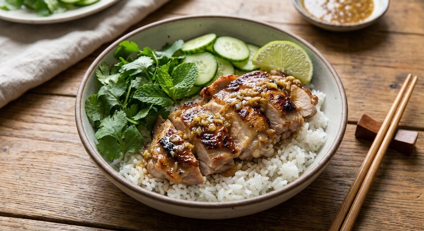 A rice bowl topped with sliced lemongrass chicken, cucumbers, fresh herbs, and a lime wedge on a wooden table