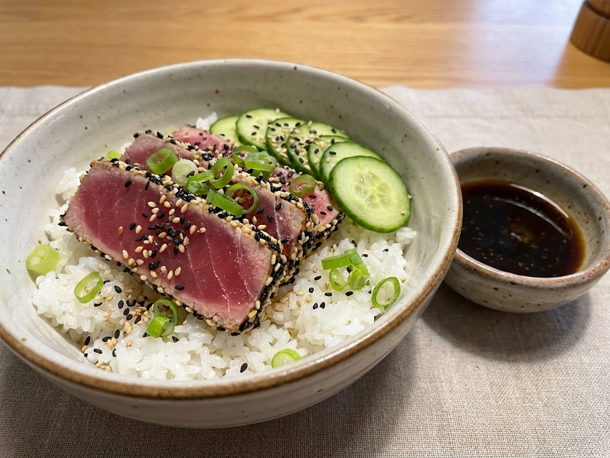 A rice bowl topped with sliced seared tuna, cucumber, scallions, sesame seeds, and a small bowl of soy-lime dipping sauce on a neutral dinner table