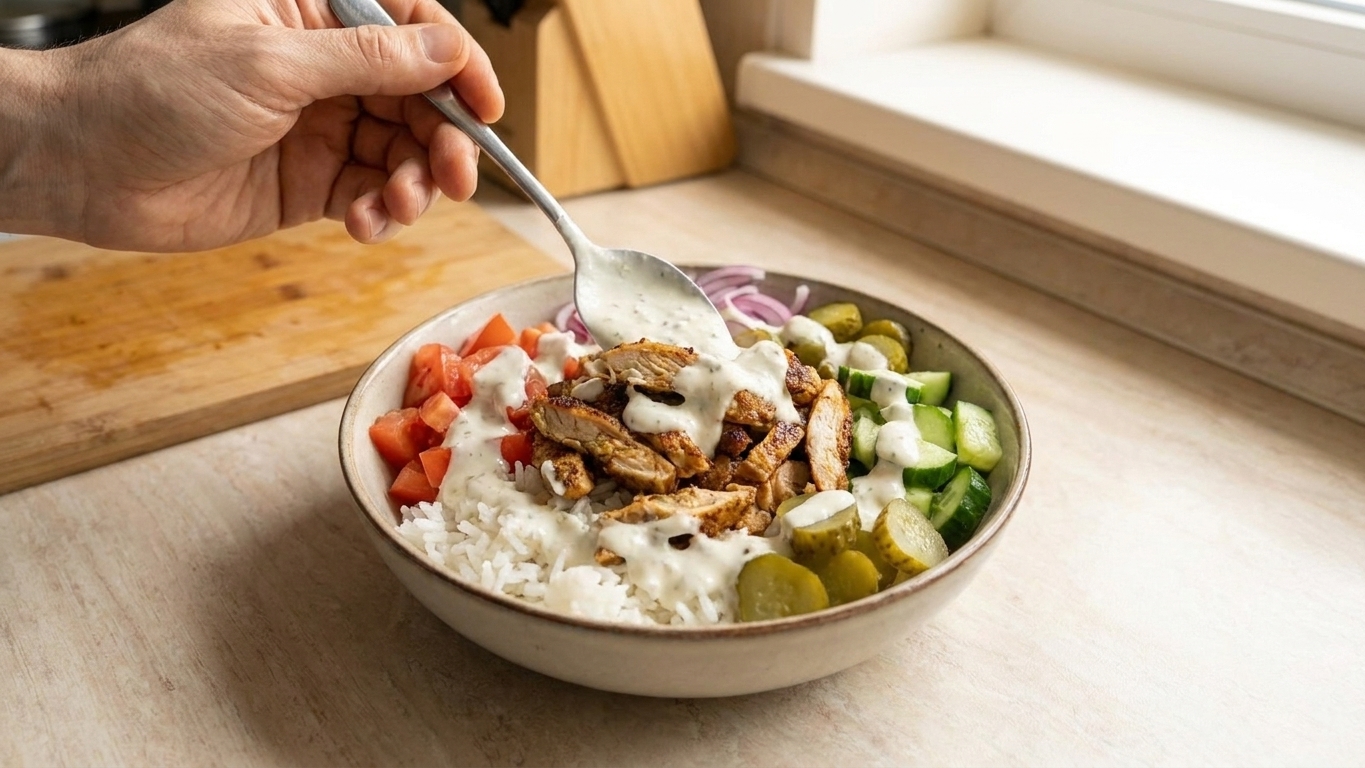 A rice bowl topped with sliced shawarma chicken, cucumbers, tomatoes, red onion, pickles, and a generous drizzle of garlic yogurt sauce