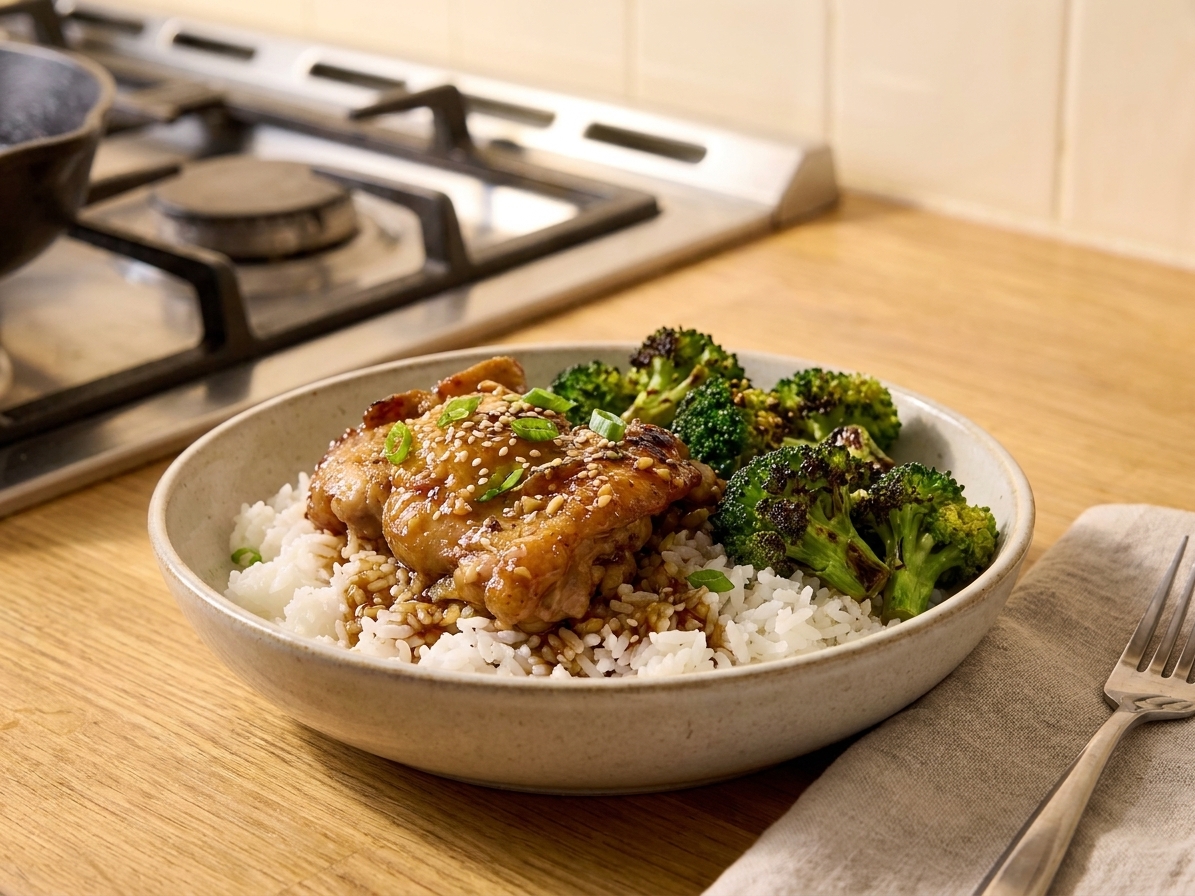 A rice bowl topped with sticky garlic soy honey chicken, roasted broccoli, scallions, and sesame seeds on a wooden table