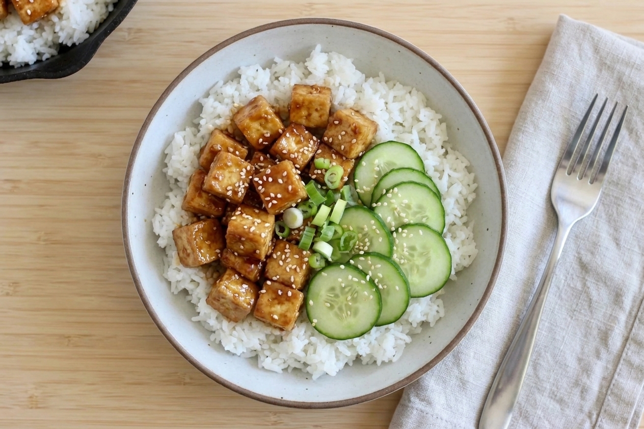 A rice bowl topped with sticky glazed tofu, sliced cucumbers, scallions, and sesame seeds on a wooden table with a fork and napkin