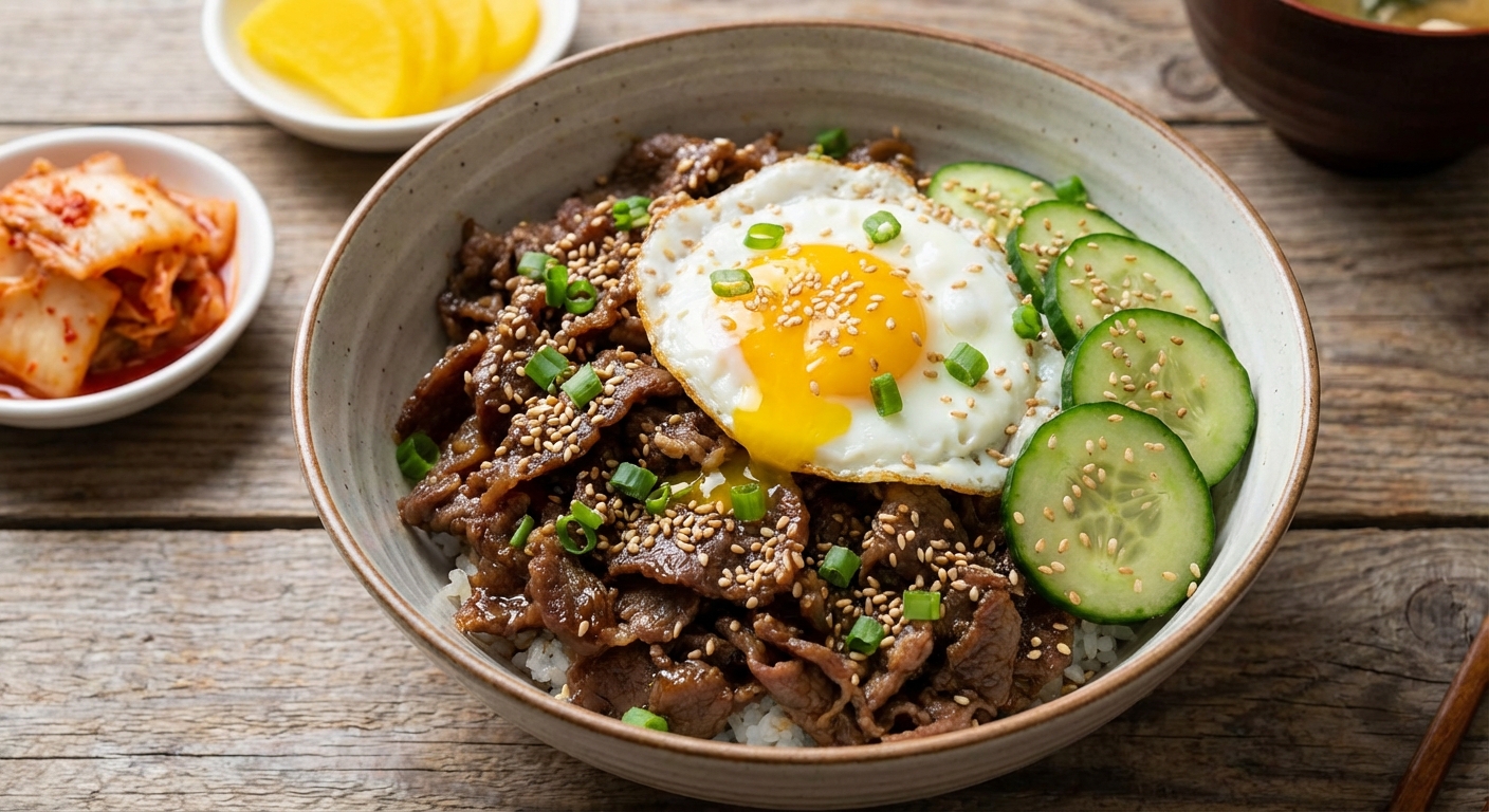 A rice bowl topped with sweet and savory Korean beef, a fried egg, cucumber slices, and sesame seeds
