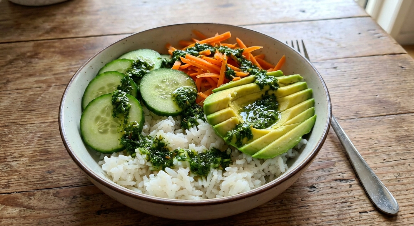 A rice bowl with cucumbers, carrots, sliced avocado, and a drizzle of green sauce