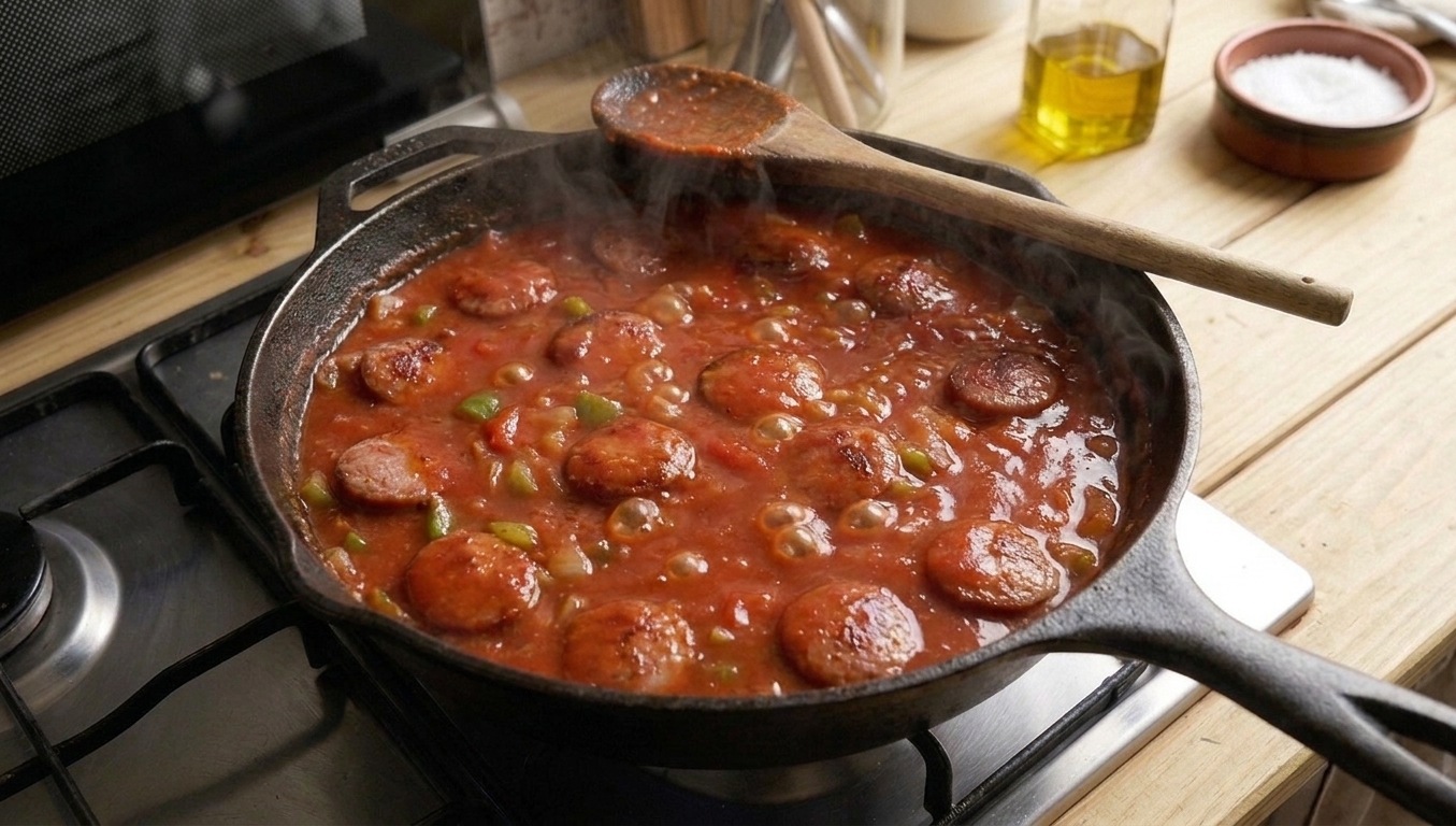 A rich red tomato sauce simmering in a deep skillet with sausage and vegetables, small bubbles breaking on the surface