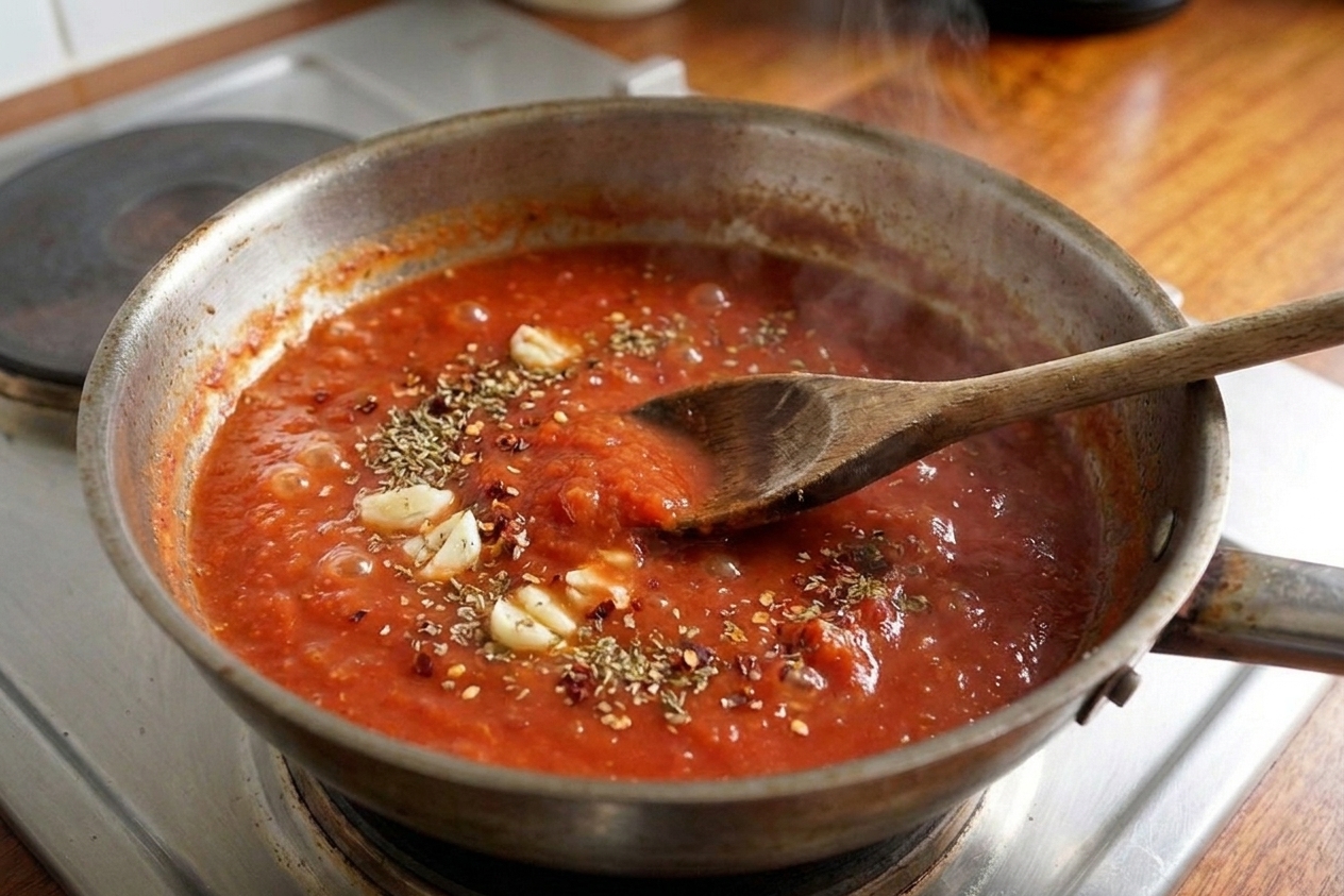 A rich red tomato sauce simmering in a skillet with visible garlic and spices, wooden spoon resting in the pan