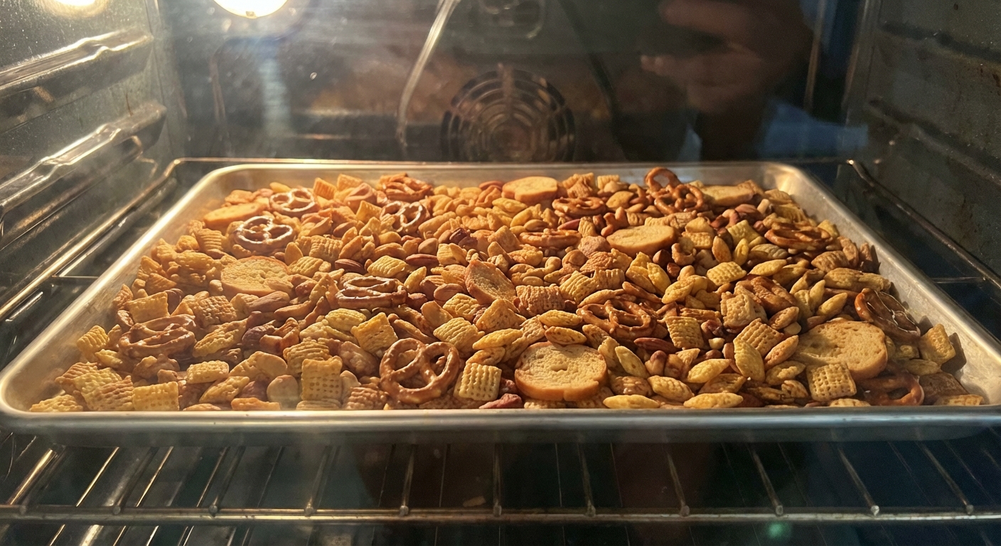 A rimmed baking sheet covered with an even layer of Chex mix mid-bake in an oven with golden toasted pieces