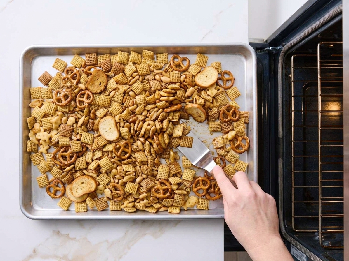 A rimmed baking sheet covered with seasoned Chex Mix being stirred with a spatula near an open oven