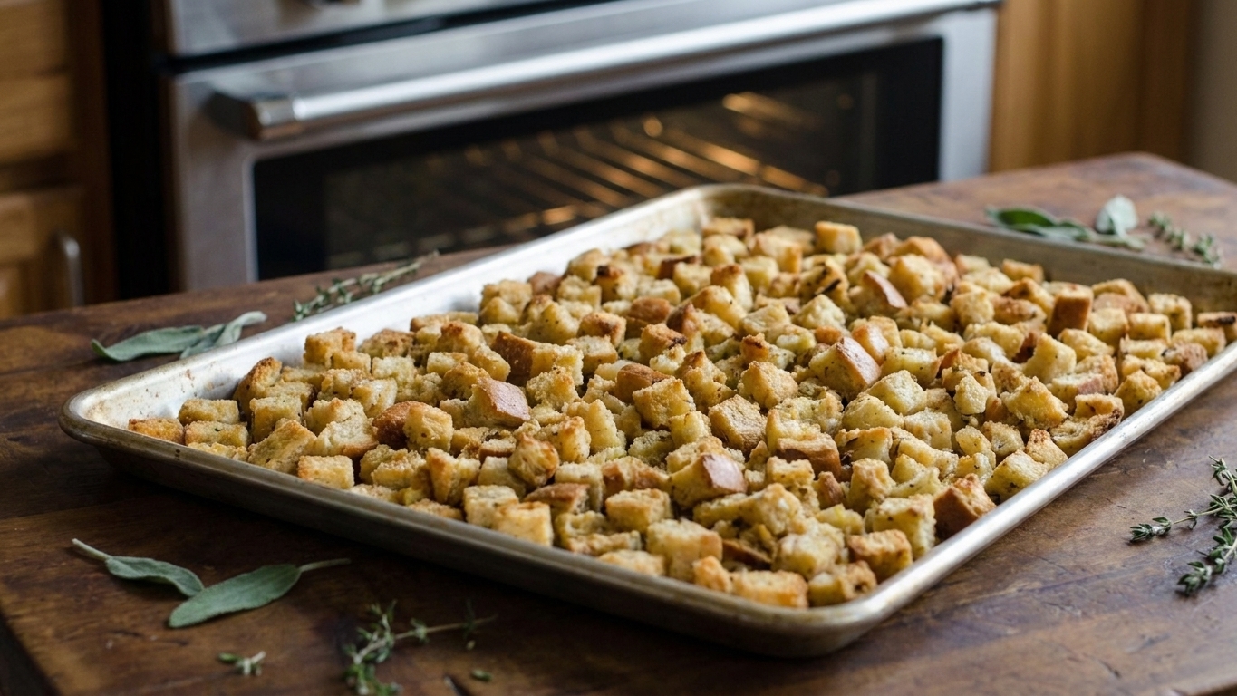 A rimmed baking sheet filled with dried bread cubes for stuffing on a kitchen counter near an oven