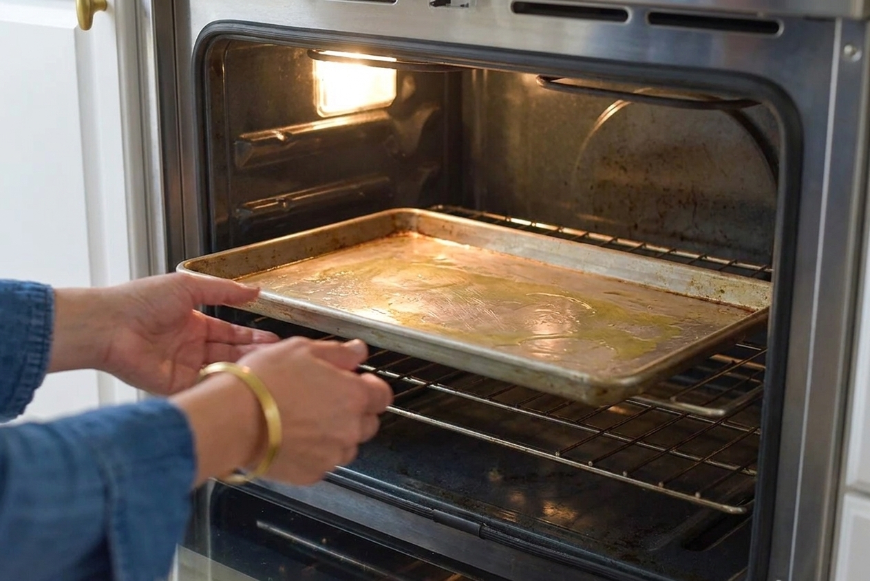 A rimmed baking sheet heating in an oven with a light sheen of oil, ready for breaded chicken
