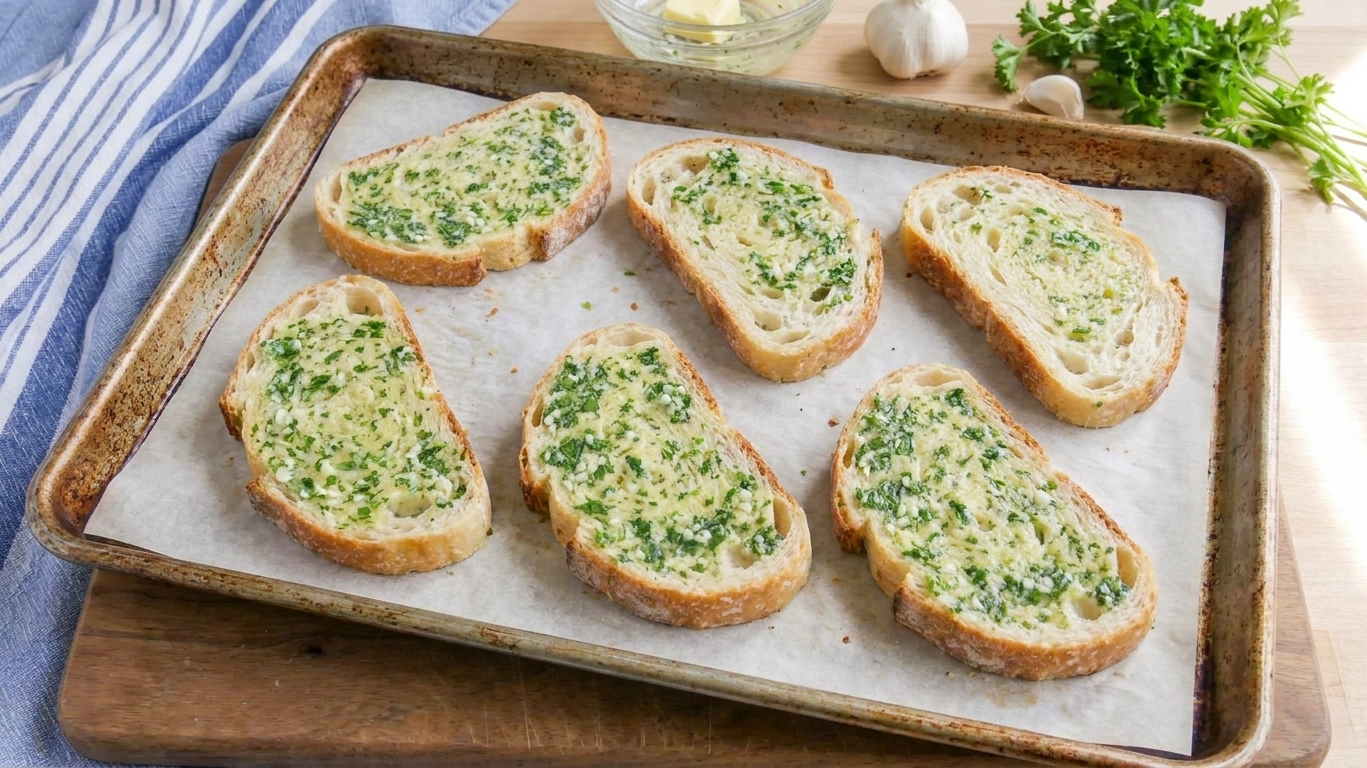 A rimmed baking sheet lined with parchment holding buttered thick bread slices ready to bake