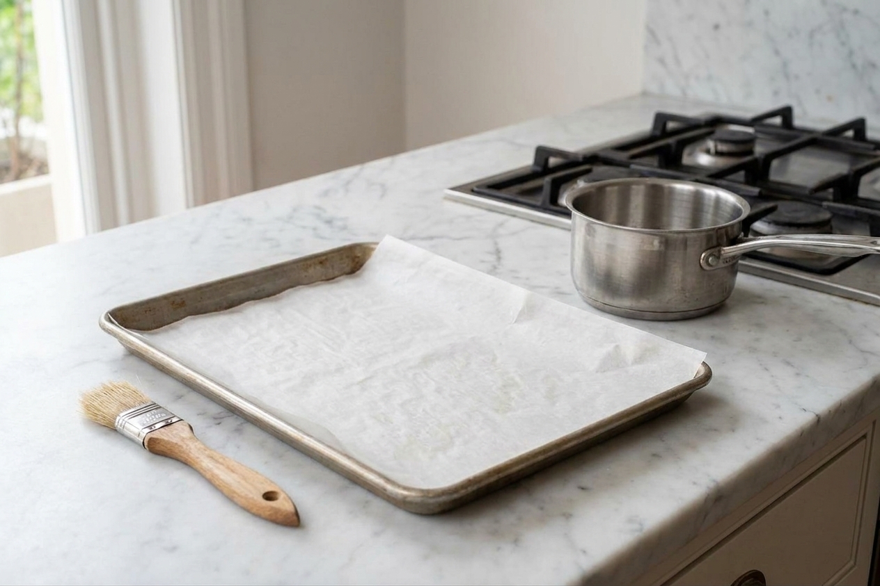 A rimmed baking sheet lined with parchment paper beside a pastry brush and a small saucepan on a clean kitchen counter