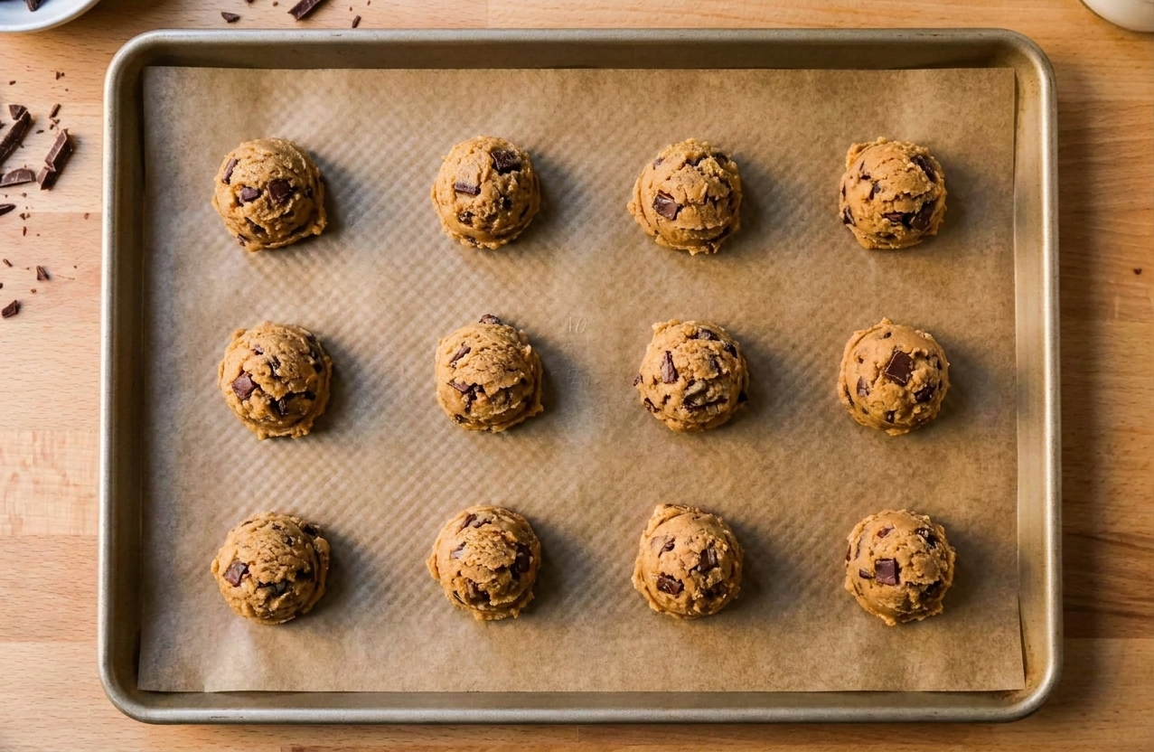 A rimmed baking sheet lined with parchment paper holding evenly spaced scoops of peanut butter chocolate chip cookie dough