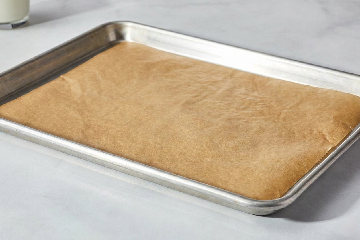 A rimmed baking sheet lined with parchment paper on a kitchen counter