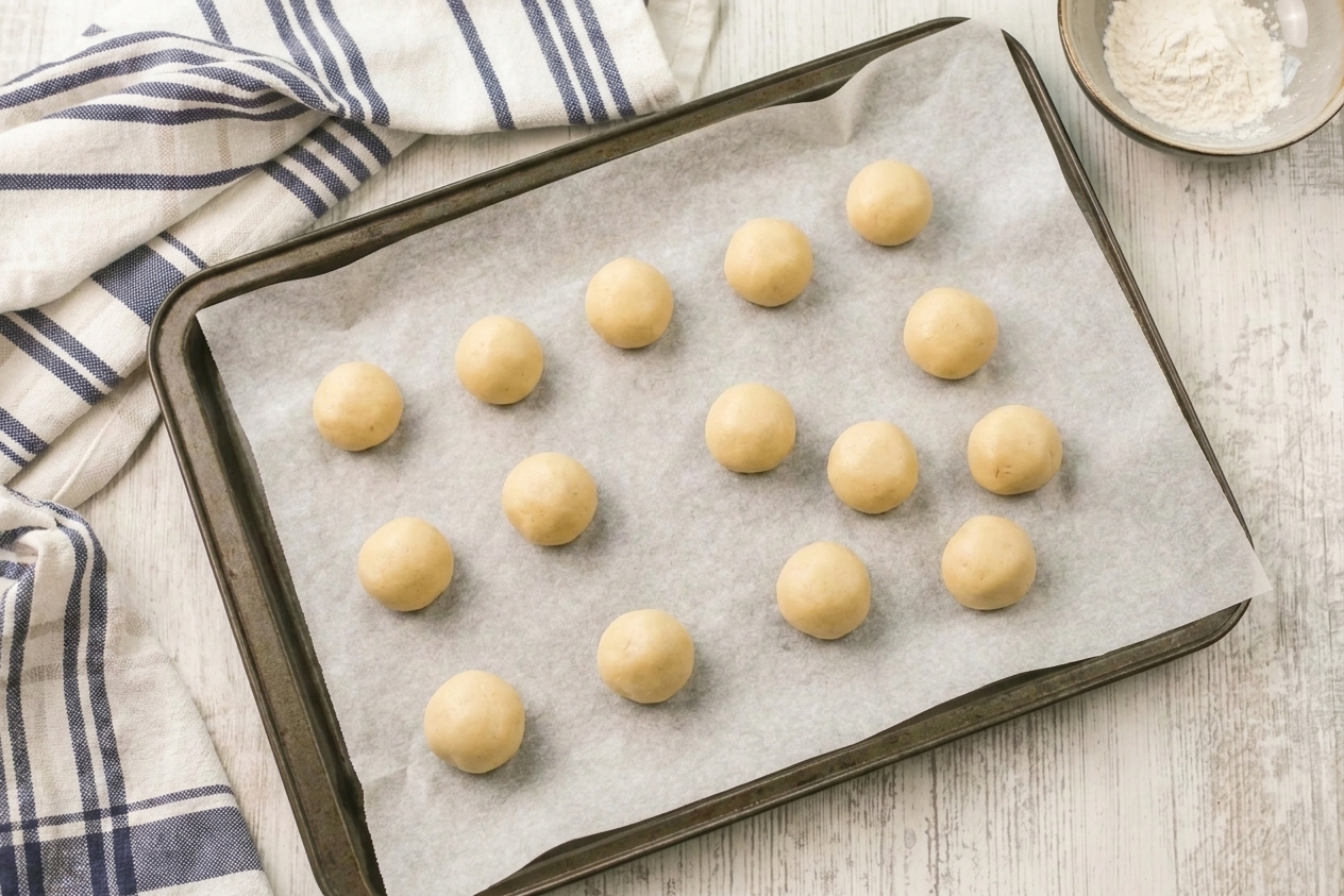 A rimmed baking sheet lined with parchment paper on a bright home kitchen counter
