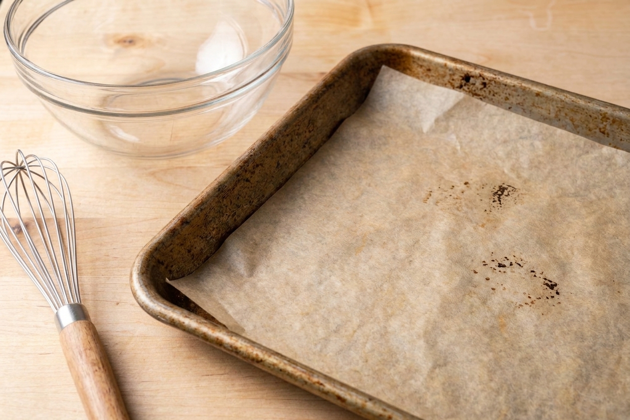 A rimmed baking sheet lined with parchment paper on a kitchen counter with a mixing bowl and whisk nearby