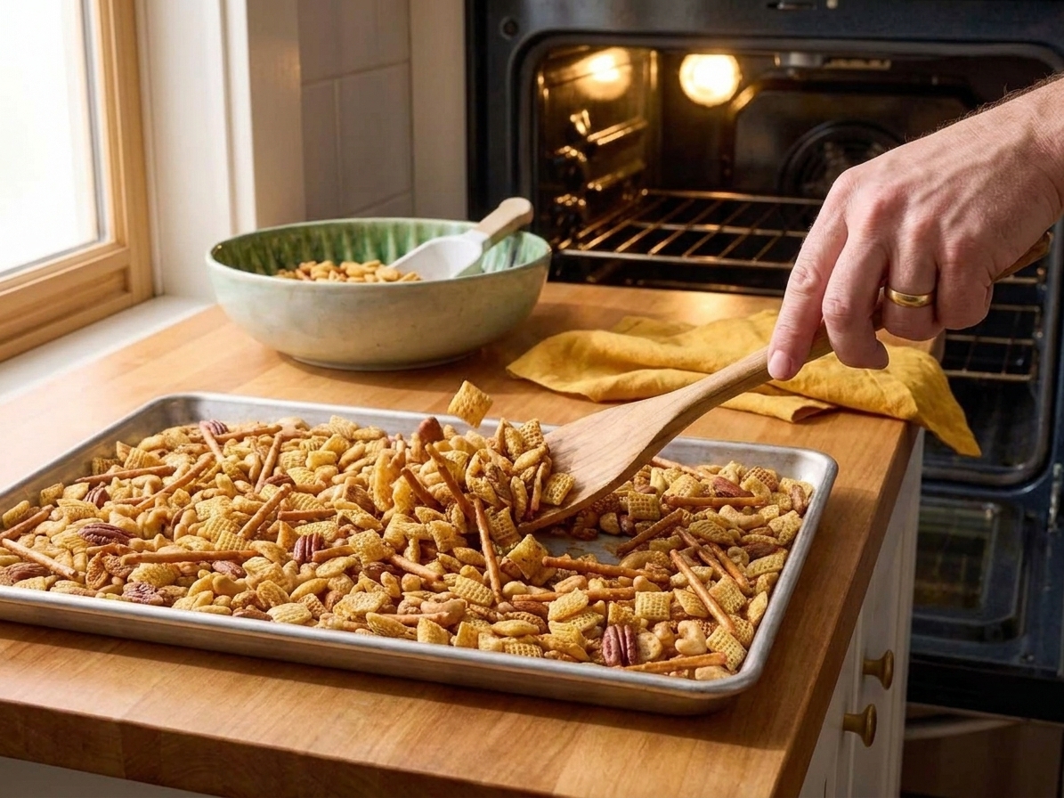 A rimmed baking sheet of Chex Mix being stirred with a spatula in a warm kitchen near an open oven