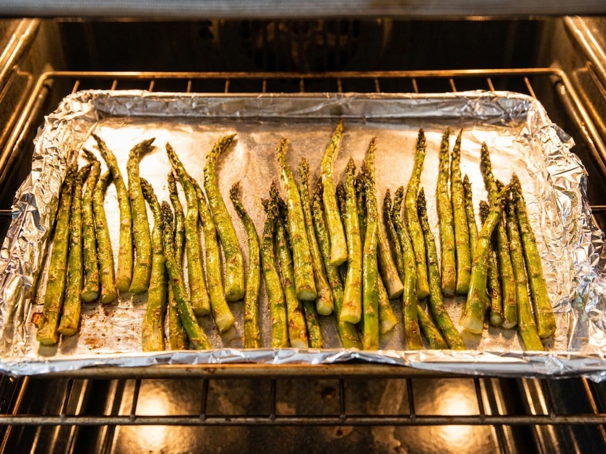A rimmed baking sheet of asparagus spears roasting on an oven rack, tips starting to blister, warm kitchen lighting