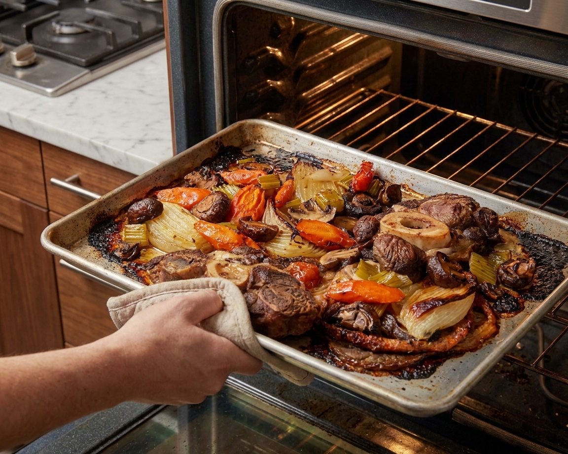 A rimmed baking sheet of beef bones and vegetables going into a home oven, showing browned edges and caramelized bits