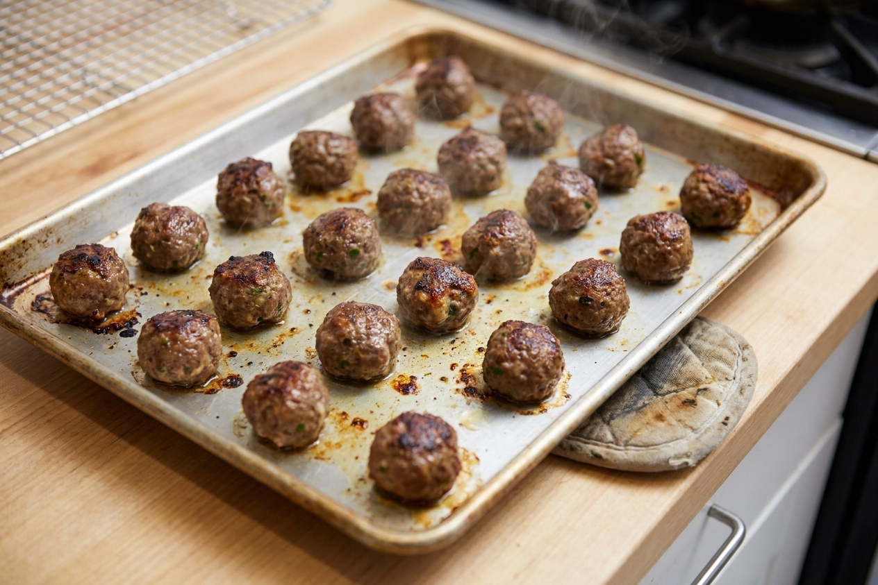 A rimmed baking sheet of browned, bite-size meatballs fresh from the oven