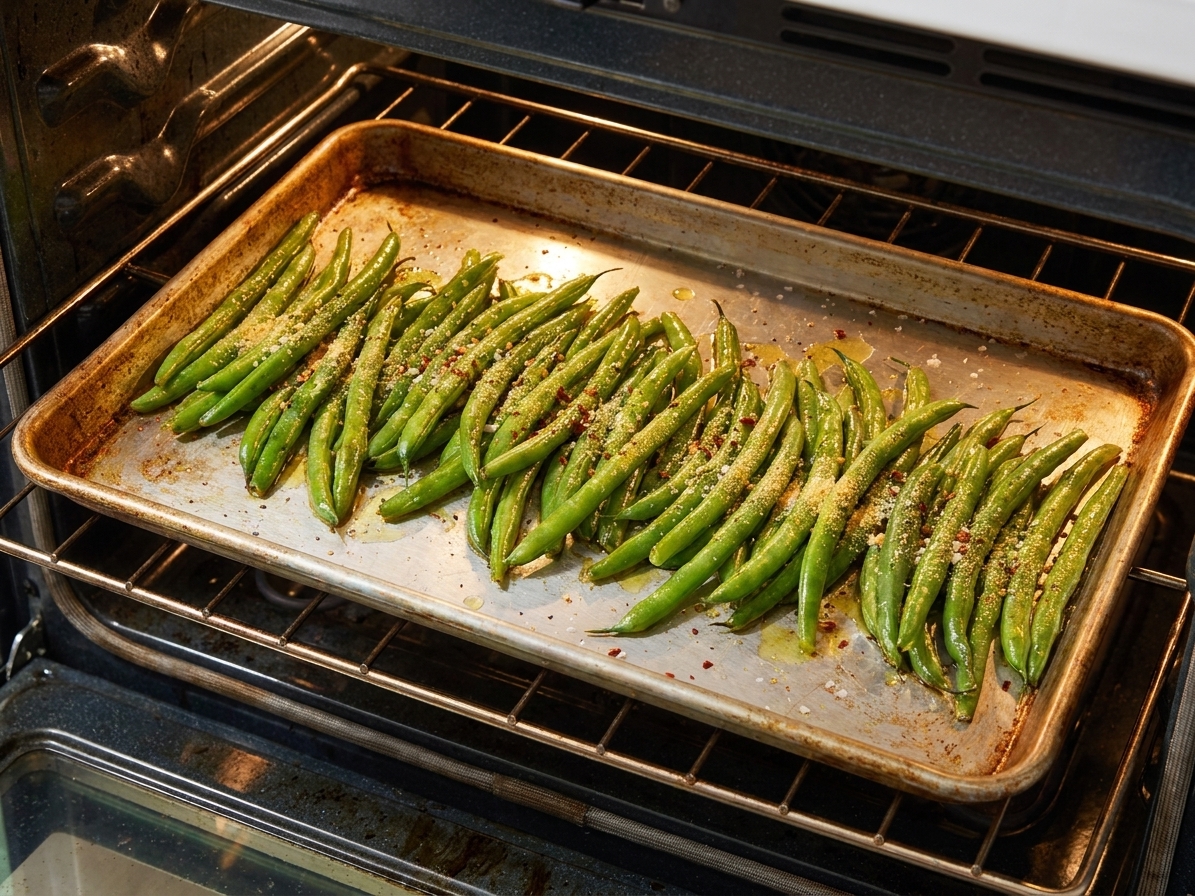 A rimmed baking sheet of green beans roasting in an oven with lightly blistered edges starting to form