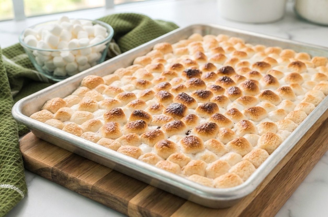 A rimmed baking sheet of mini marshmallows toasted golden brown under a broiler