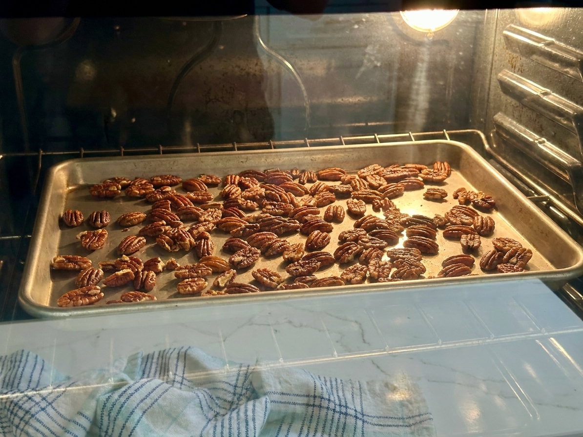 A rimmed baking sheet of pecans toasting in an oven until golden and fragrant in a warm home kitchen