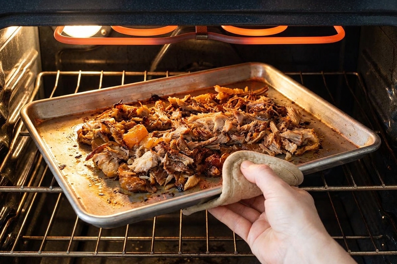 A rimmed baking sheet of shredded pork under a broiler with browned, crispy edges forming on top