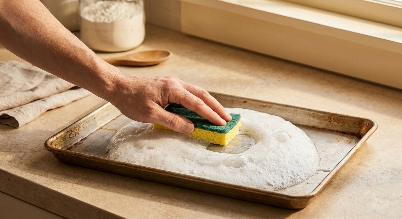 A rimmed baking sheet with leftover soap foam being wiped up with a sponge on a kitchen counter
