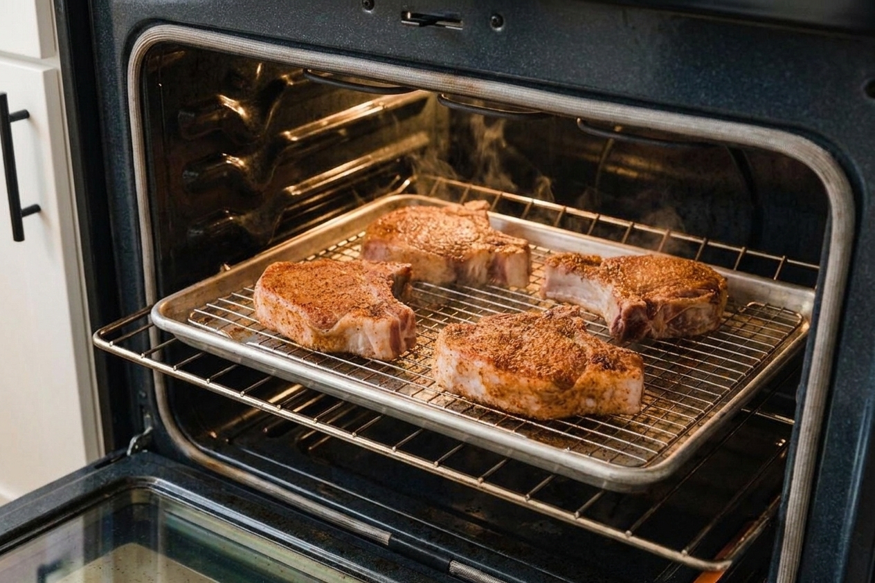 A rimmed baking sheet with pork loin chops on a wire rack inside a home oven, mid-bake with golden edges starting to form