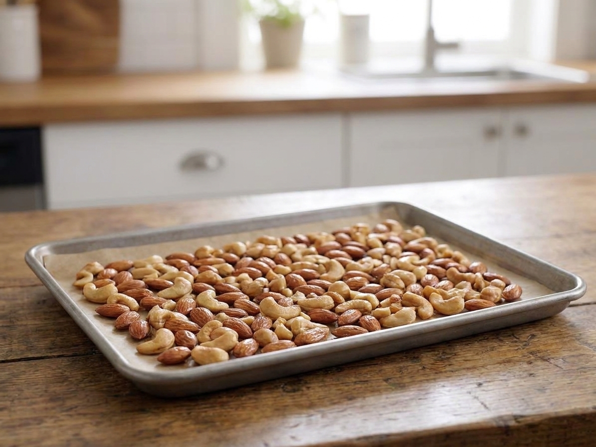 A rimmed baking sheet with toasted almonds and cashews spread in an even layer on parchment paper on a kitchen counter