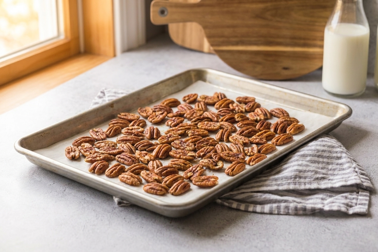 A rimmed baking sheet with toasted pecans spread out in a single layer on a parchment-lined pan on a kitchen counter