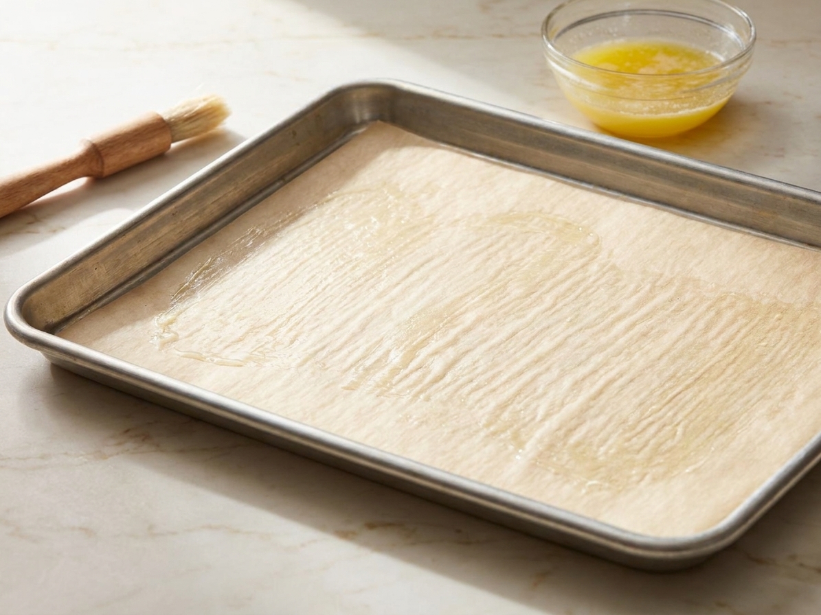 A rimmed jelly roll pan lined with parchment paper and lightly greased, sitting on a kitchen counter