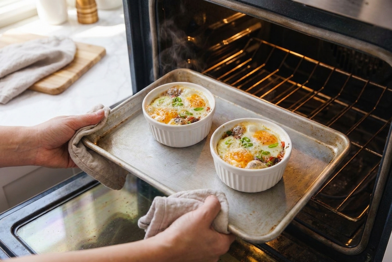 A rimmed sheet pan being pulled from an oven with two ramekins of baked eggs bubbling at the edges, kitchen lighting