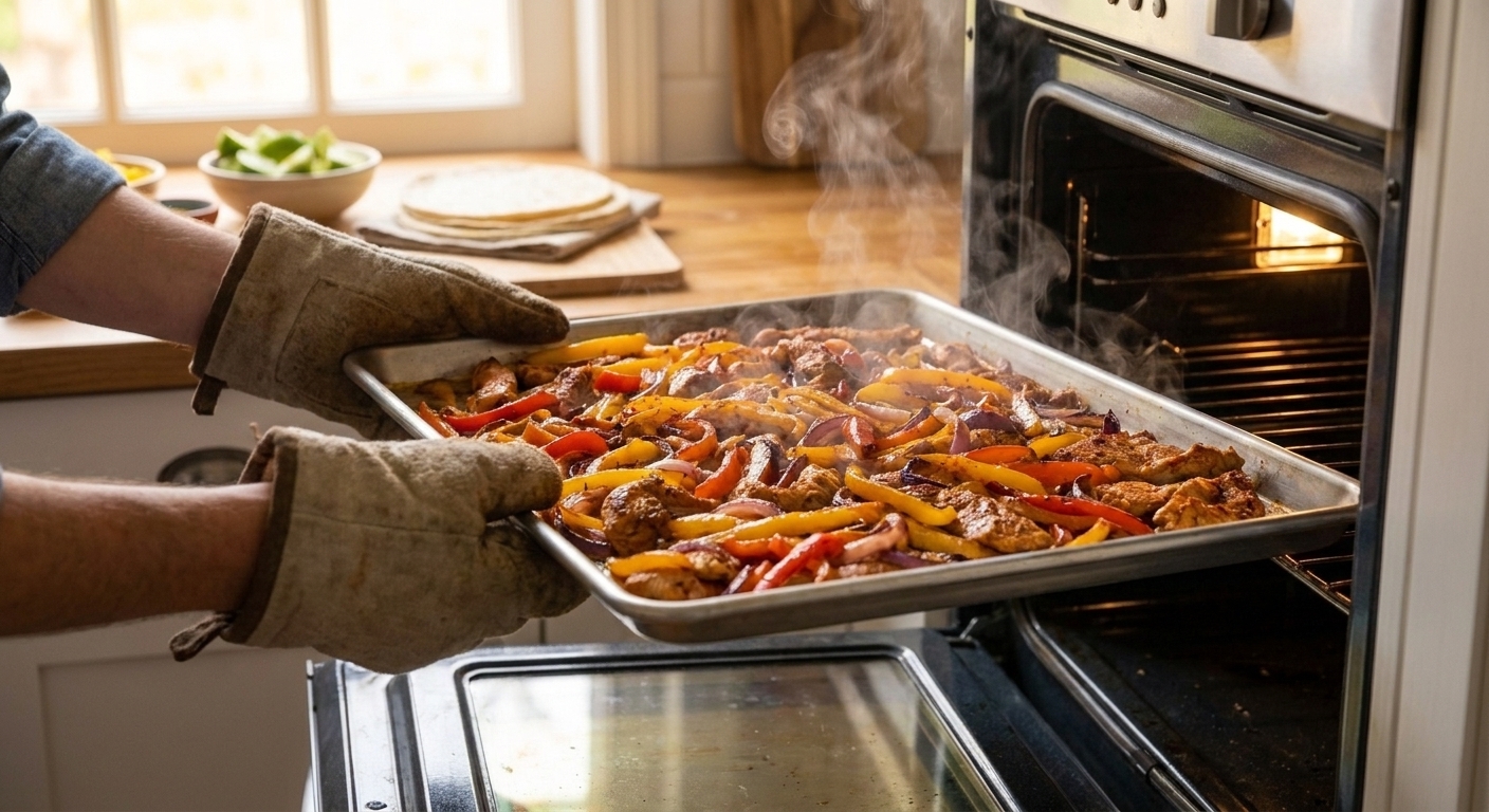 A rimmed sheet pan being pulled from the oven with roasted chicken strips and charred peppers and onions, steam rising in a warm kitchen