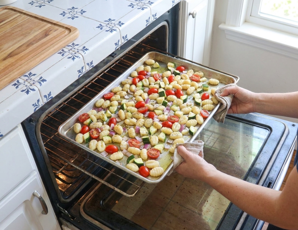 A rimmed sheet pan being slid into a home oven, loaded with gnocchi and vegetables ready to roast
