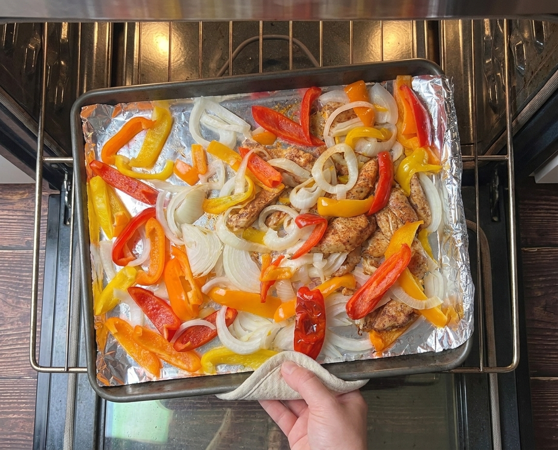 A rimmed sheet pan being slid into an oven with seasoned chicken strips, bell peppers, and onions spread in a single layer