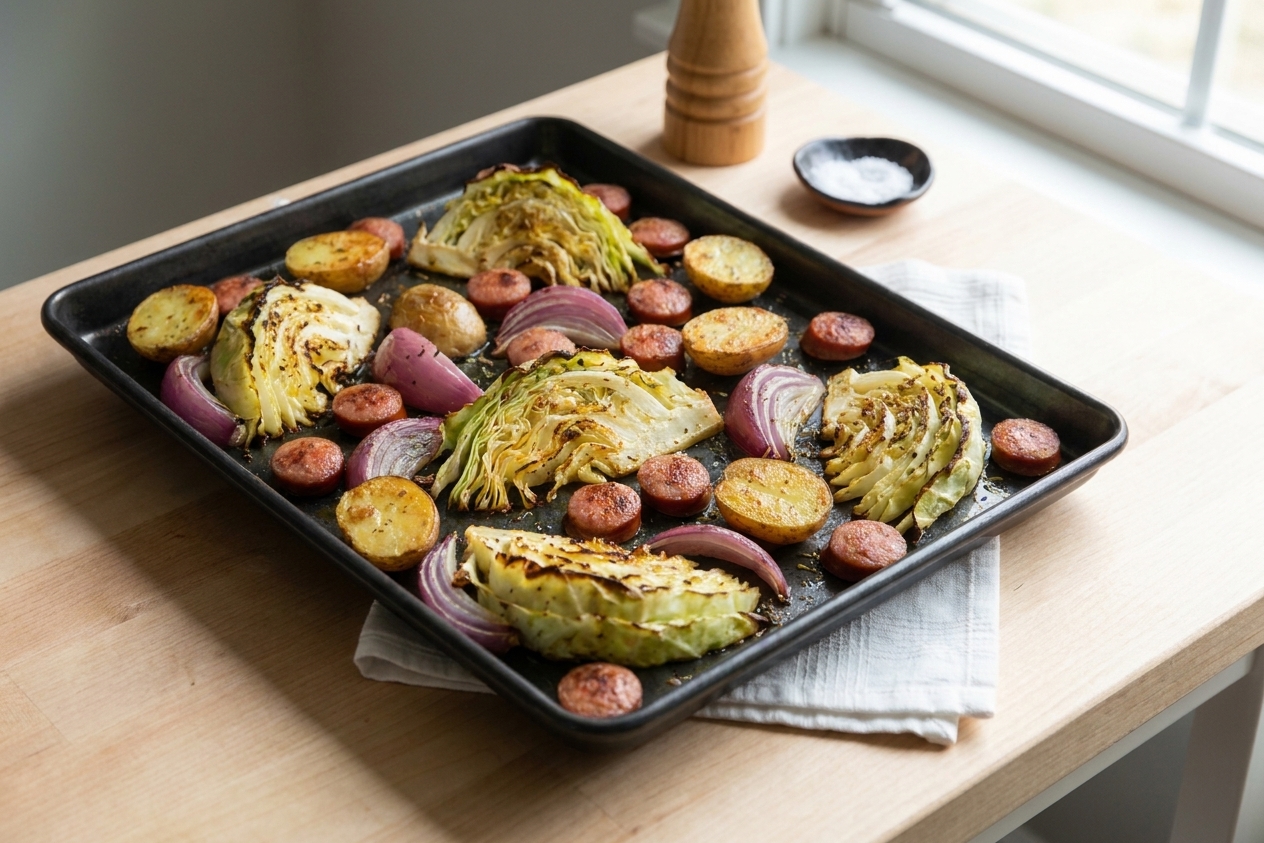 A rimmed sheet pan filled with roasted kielbasa rounds, caramelized cabbage wedges, and golden baby potatoes, lightly glossy from a mustard glaze, on a warm kitchen counter