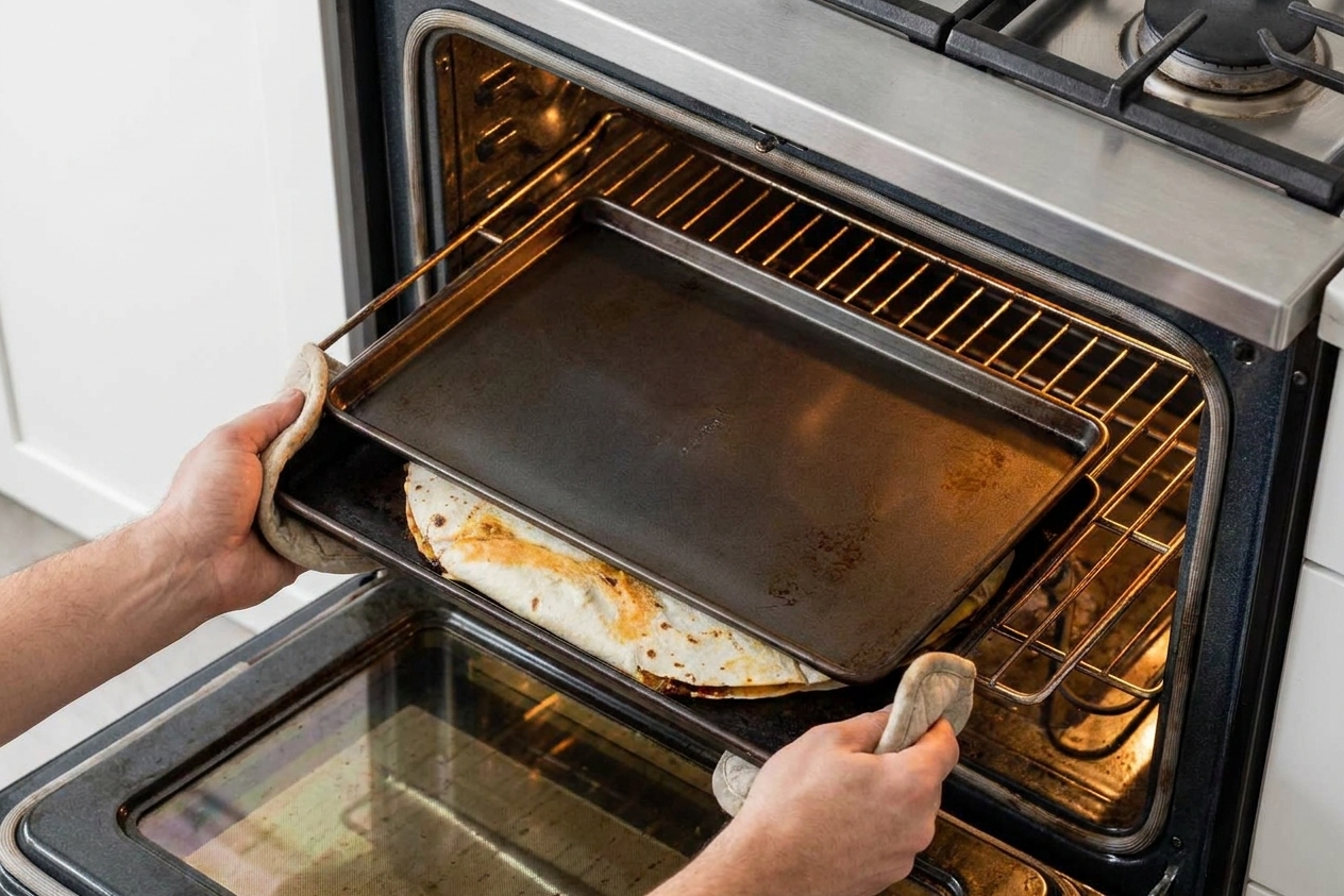 A rimmed sheet pan going into an oven with a second sheet pan placed on top to press a quesadilla flat
