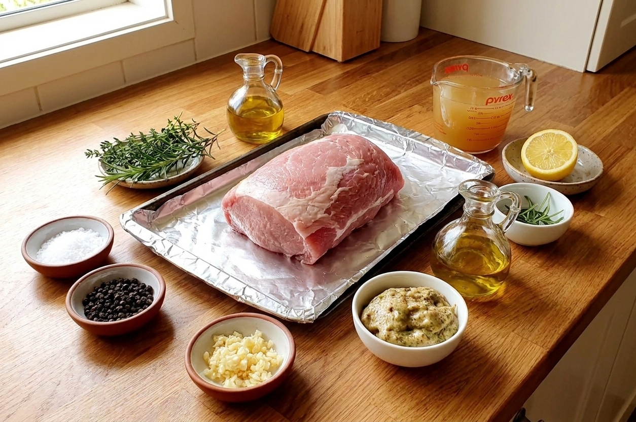A rimmed sheet pan holding a pork sirloin roast with small bowls of salt, pepper, garlic, Dijon mustard, olive oil, rosemary, thyme, lemon, and chicken broth on a kitchen counter