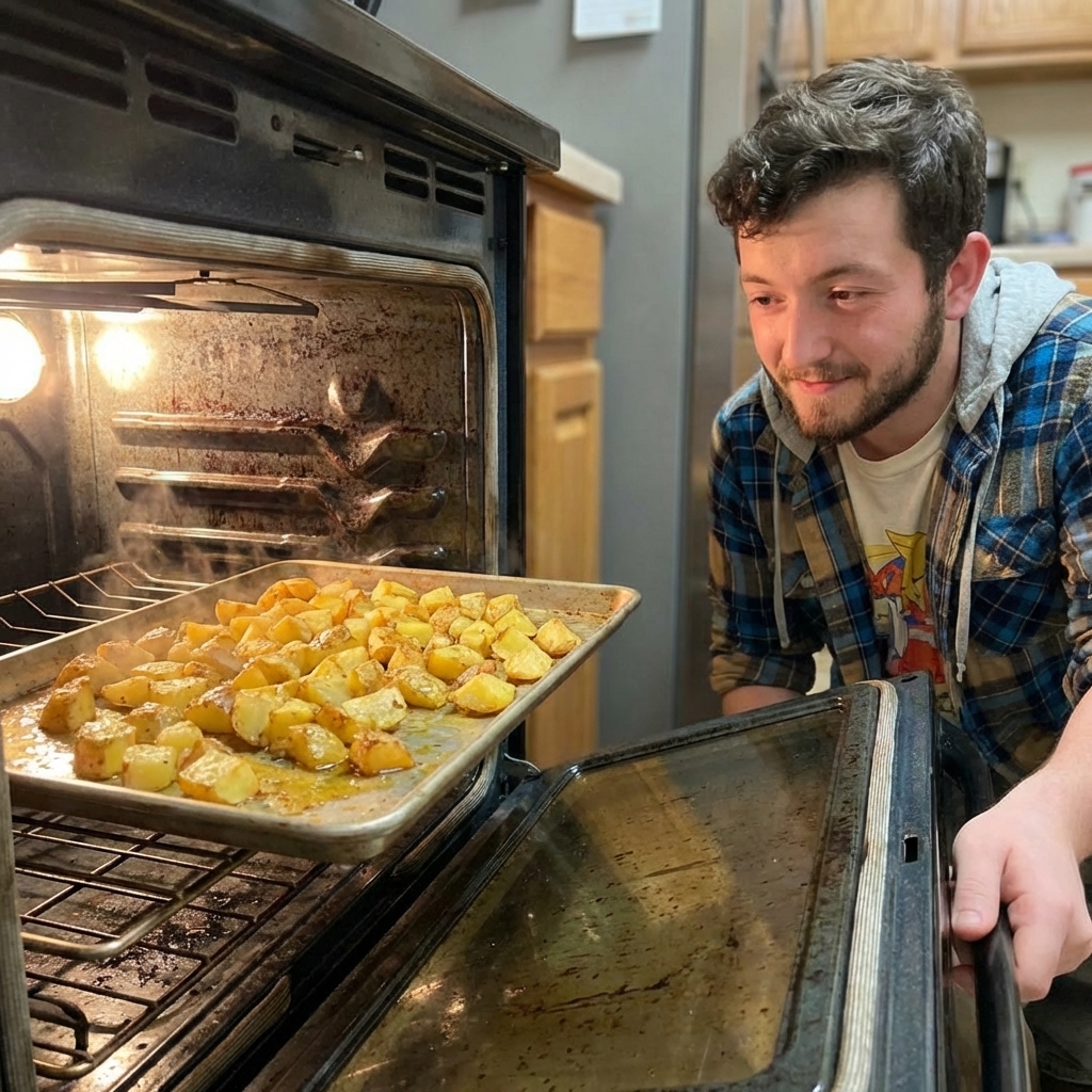 A rimmed sheet pan in an oven with roasted potato chunks turning golden brown, heat haze visible, home oven interior, photorealistic food photo