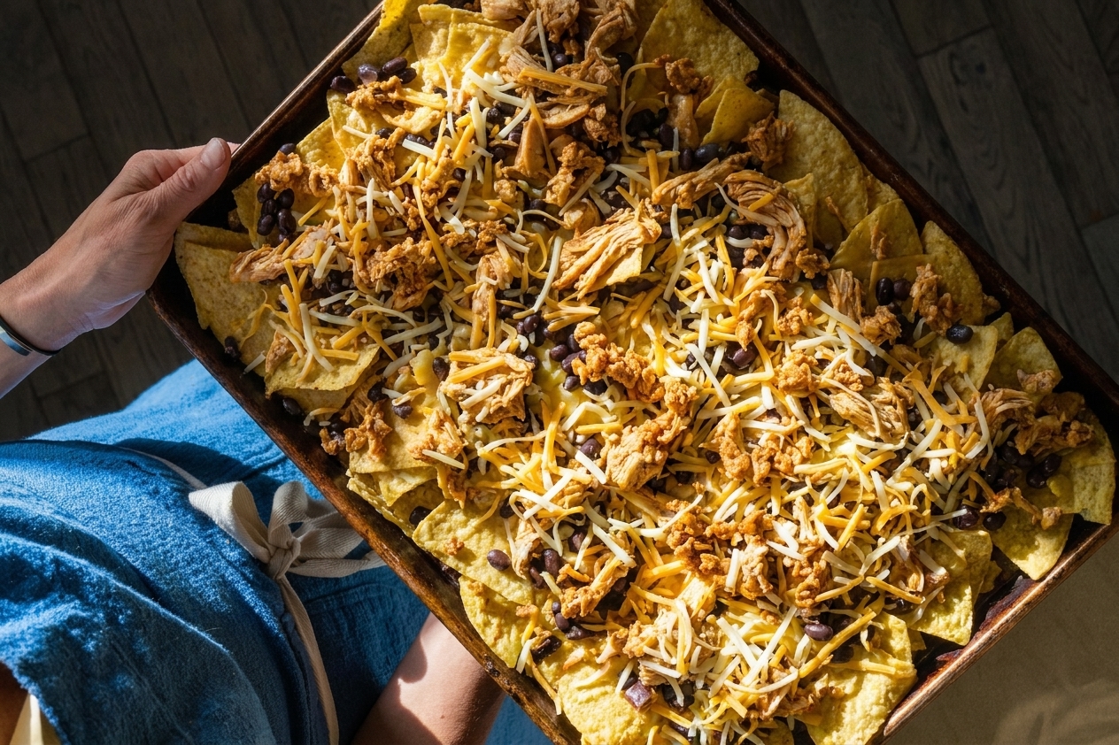 A rimmed sheet pan layered with tortilla chips, seasoned shredded chicken, black beans, and shredded cheese before baking