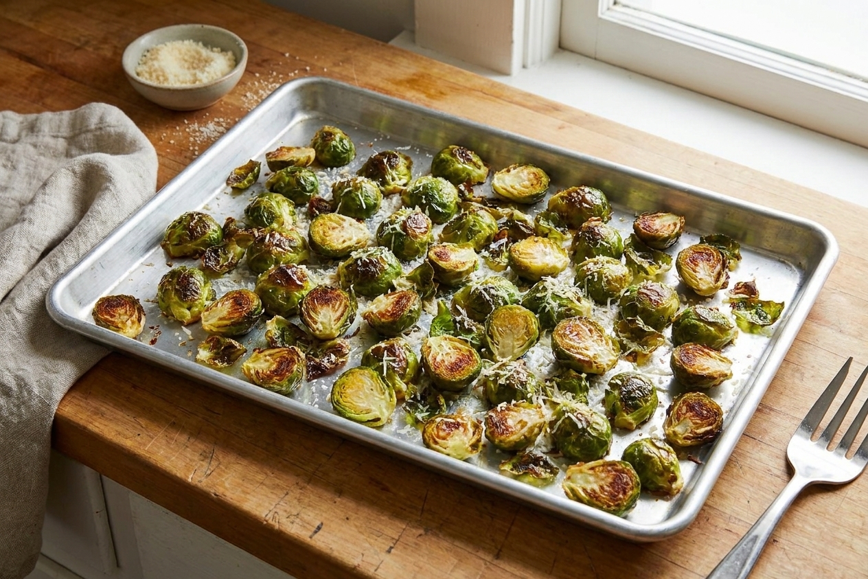 A rimmed sheet pan of baked Brussels sprouts with deeply browned edges and a light sprinkle of Parmesan on a kitchen counter