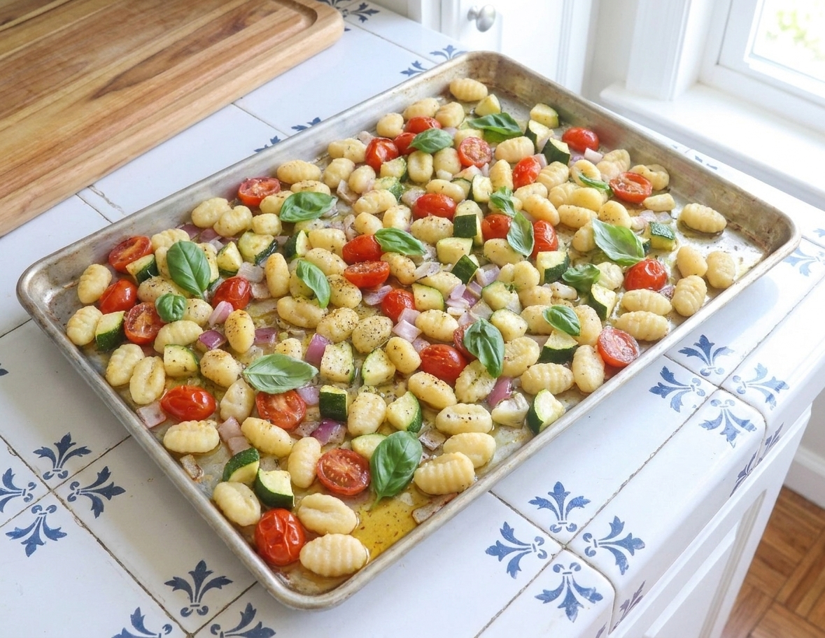 A rimmed sheet pan of golden gnocchi roasted with burst cherry tomatoes, zucchini, and red onion, finished with fresh basil on a bright kitchen counter