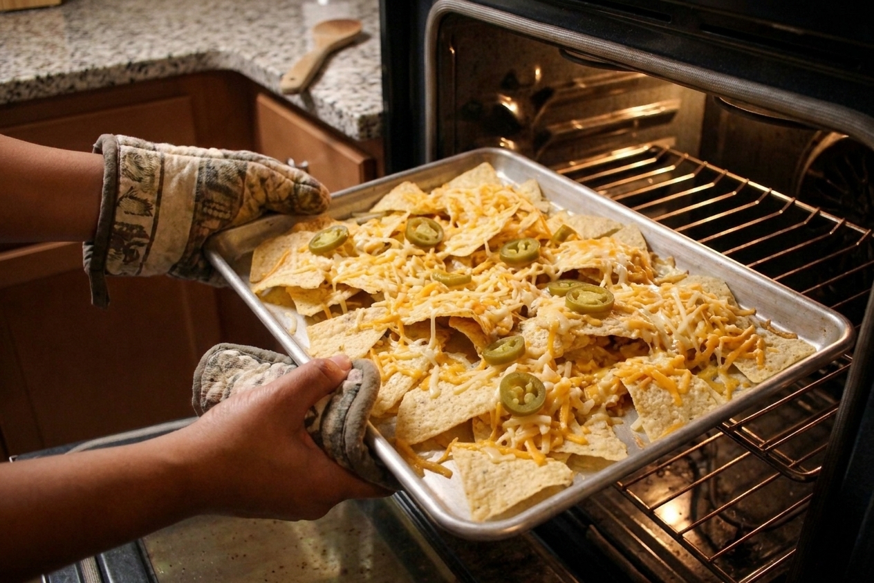 A rimmed sheet pan of nachos with melted cheese and jalapeño slices being pulled from a home oven with oven mitts in warm kitchen lighting