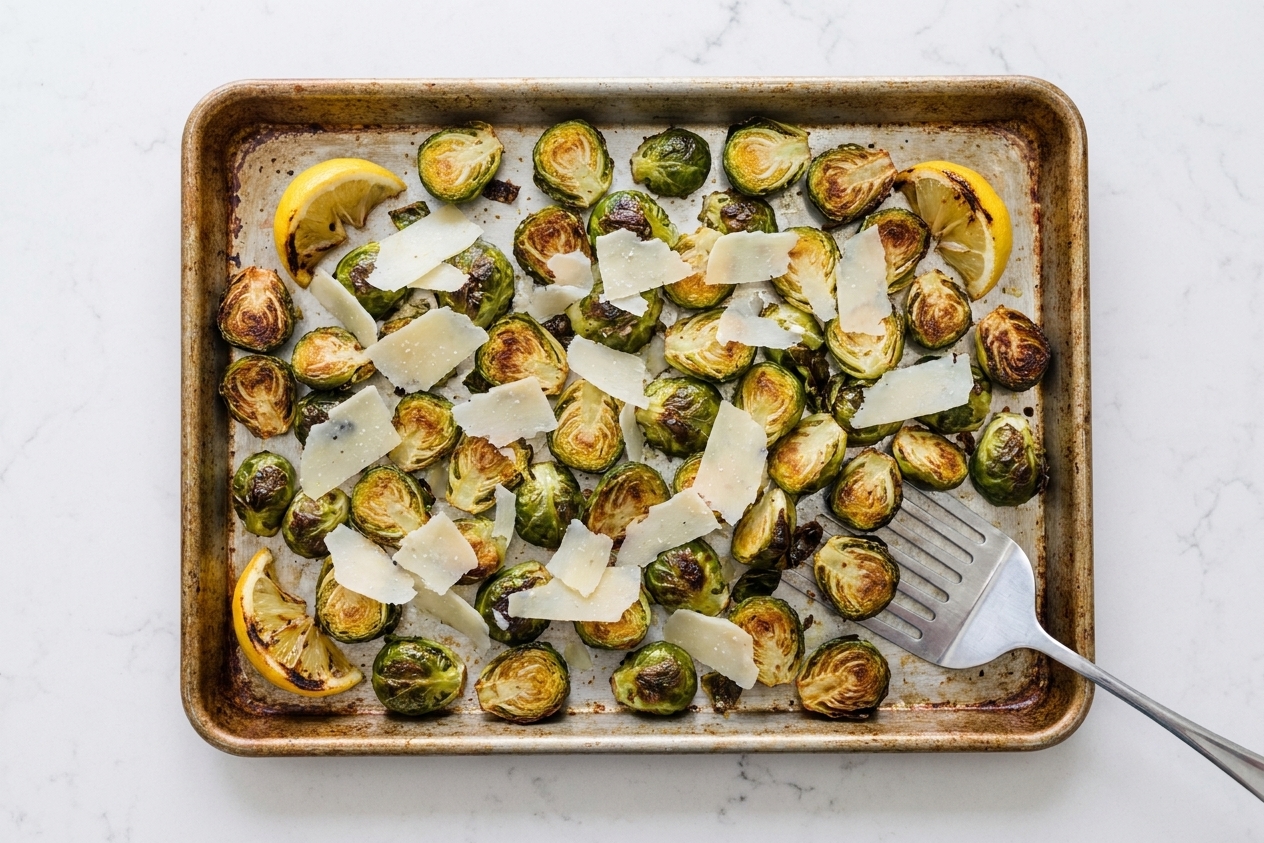 A rimmed sheet pan of roasted Brussels sprouts halves with deeply browned edges, scattered Parmesan shavings, and lemon wedges on a warm kitchen counter